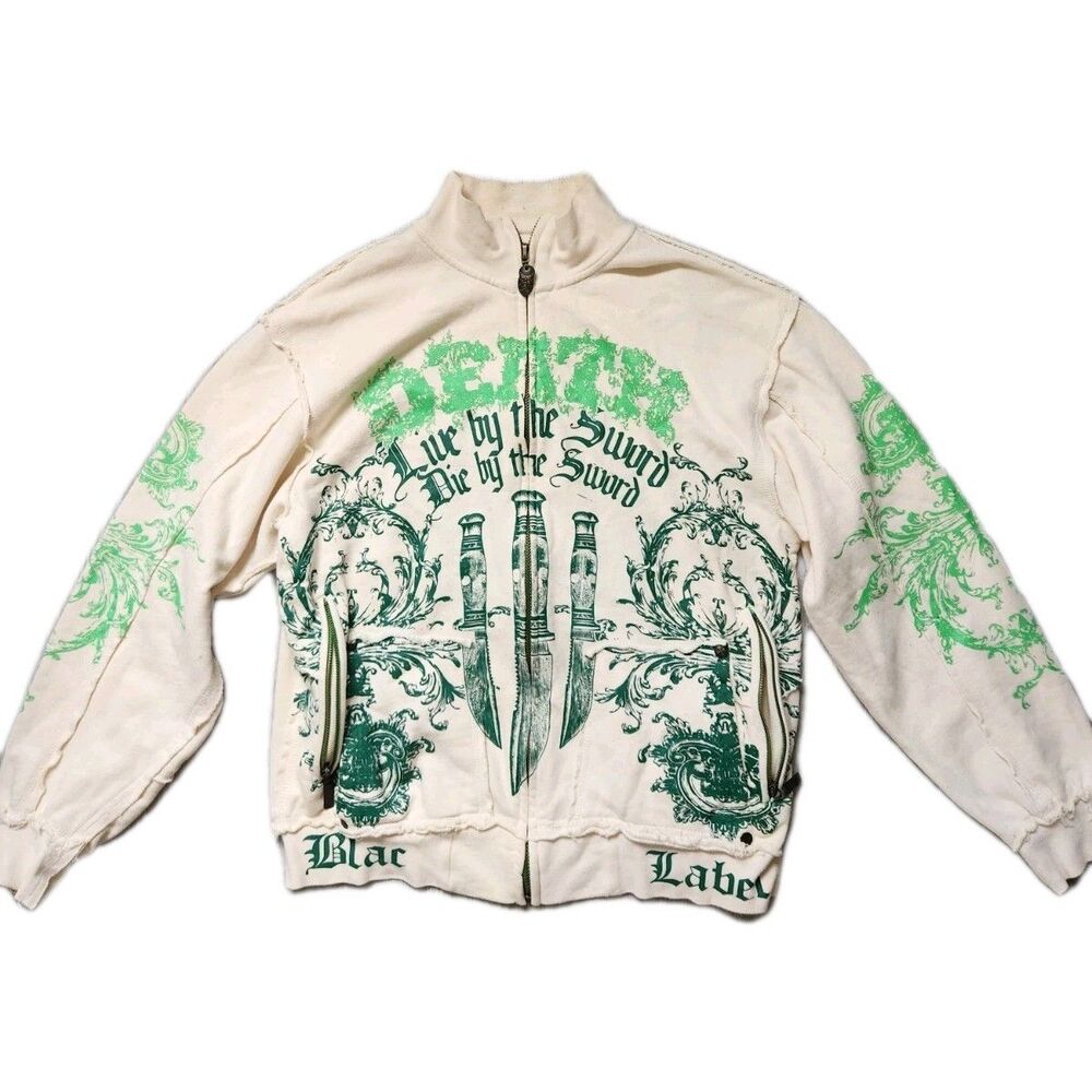 Blac Label Warriors Zip Up Jacket Mens XL Cream Green Graphic Full Zip Y2K GUC